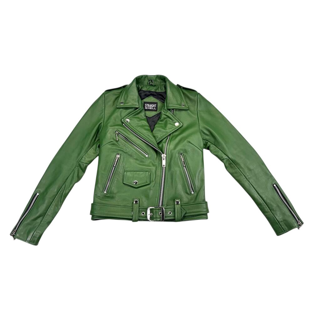 Straight To Hell Commando Cactus Green Leather Motorcycle Jacket Women's SMALL